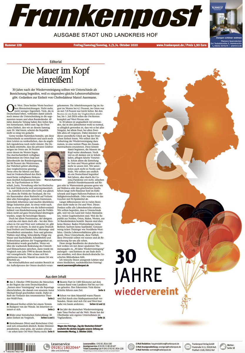Frankenpost, Neue Presse und Nordbayerischer Kurier mit Themenausgabe zu 30 Jahren Deutsche Einheit